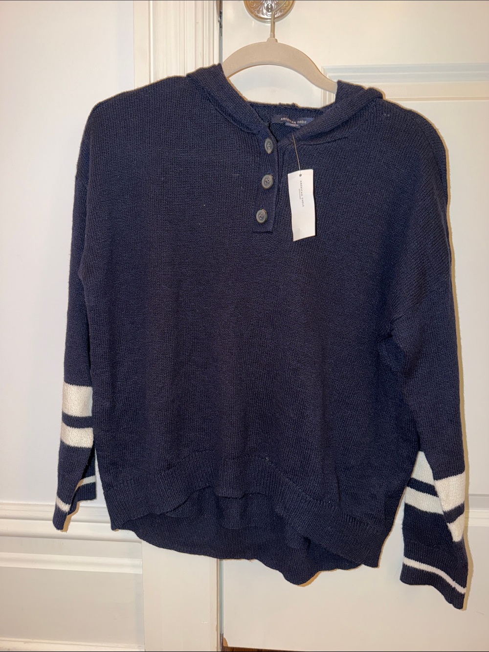 American eagle Navy Hooded Sweater with Stripe Sleeve Detail and button v-neck